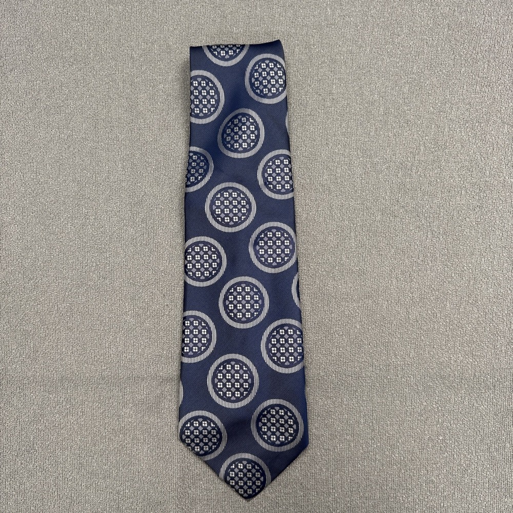 Vintage Men's Foulard Tie 55" Short Geometrical Sun Pattern Blue White